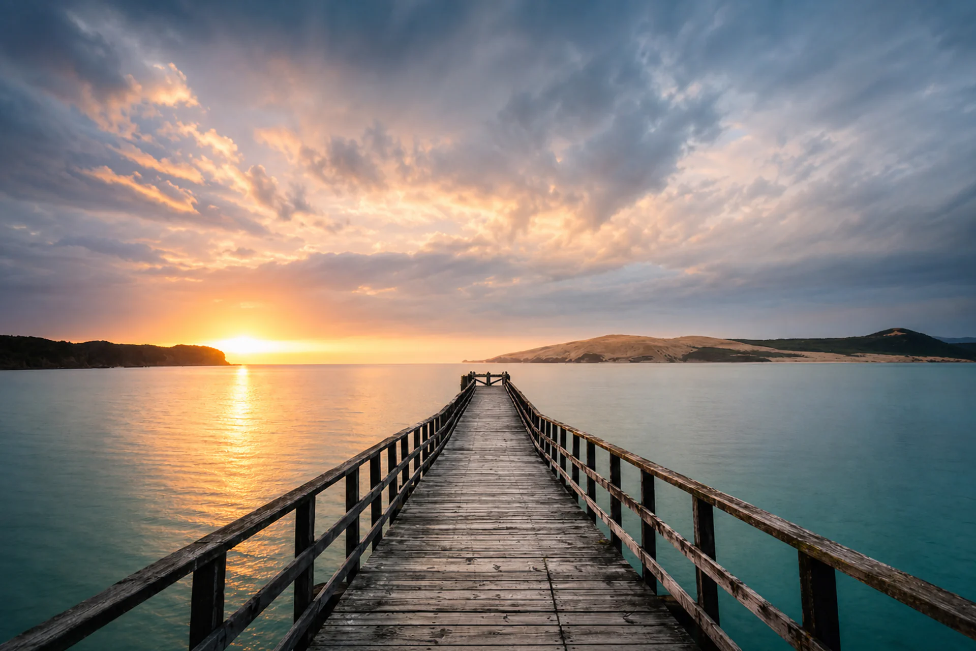 Cais sobre água calma ao amanhecer